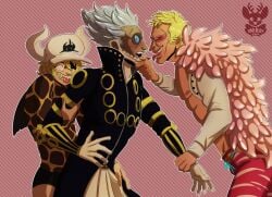 3boys blue_hair dellinger donquixote_doflamingo embarrassed femboy gladius_(one_piece) gray_hair hat kissing male male_focus male_only muscles one_piece red_eyes small_breasts smile sunglasses tongue xnirox yellow_hair