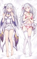 bare_legs bare_shoulders bare_thighs barefoot bed_sheet belly_button blush bra braided_hair breasts cameltoe choker cleavage closed_mouth dakimakura dakimakura_design detached_collar elf emilia_(re:zero) feet garter_belt garter_straps hair_ornament hair_ribbon lingerie long_hair long_sleeves lying medium_breasts miniskirt necklace off_shoulder panties pointy_ears purple_eyes re:zero_kara_hajimeru_isekai_seikatsu red_bra red_panties rie_(reverie) sample smile strap_slip thighhighs thighs toes underwear underwear_only white_hair white_thighhighs