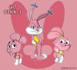 2019 3girls anais_watterson animal_ears anthro anthrofied ass babs_bunny bunny butt cartoon_network chowder clothed clothing crossover cub eyebrows eyelashes female female_only fur furry garabatoz lagomorph looking_at_viewer looking_back mammal multicolored_fur panini pink_eyes pink_fur pink_nose rabbit smile the_amazing_world_of_gumball tiny_toon_adventures warner_brothers white_fur young