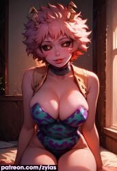 ai_generated big_breasts blush boku_no_hero_academia cleavage hero_outfit_(mha) looking_at_viewer mina_ashido my_hero_academia portrait ryuuziken01 schoolgirl smile