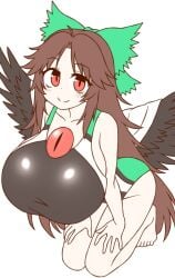 1girls big_breasts black_wings breasts brown_hair cape clothed clothed_female color colored crow_girl crow_wings female female_only ketsumaimo large_breasts light-skinned_female light_skin no_background red_eyes ribbon ribbon_in_hair solo solo_female swimsuit third_eye touhou utsuho_reiuji wings yokai youkai