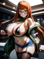 ai_generated big_breasts bikini_top breasts choker glasses jacket jacket_open jiuyang-hsien leggings orange_hair outside persona_5 sakura_futaba short_shorts thighhighs thong very_long_hair