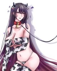 annoyed barely_clothed blush bra breasts collar cow_ears cow_horns cow_print cowbell d4dj gloves heart himegami_shano huge_breasts komet_(artist) leash long_hair panties stockings thick_thighs