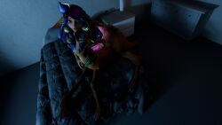 3d anthro bahamut0 bed blender breasts deer_girl deer_taur flower_in_hair furry furry_female glowing_markings laying_down league_of_legends lillia_(league_of_legends) looking_at_viewer nude on_bed purple_hair teasing