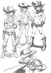 belt breasts casual colo cowboy_hat duplicate exposed_torso female firearm footwear handgun handwear headwear human jane_abigail_mori pale_skin pasties revolver tactical_nudity weapon