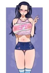 1girls female female_only jean_skirt miniskirt nico_robin one_piece pubic_hair pubic_hair_peek uron_tea4545