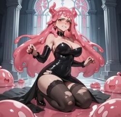 ai_generated black_dress defeated defeated_villainess nervous nervous_expression nervous_face oc original original_character ripped_clothing slime slime_girl slime_hair the_evil_slime_queen_(oc) villainess