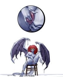 1girls anal_masturbation anus bat_wings blue_skin blue_skinned_female covered_in_cum cum demona demona_(gargoyles) demoness disgruntled female_only fin_nomore gargoyle gargoyles hairless_pussy looking_at_viewer masturbating monster_girl red_hair tail