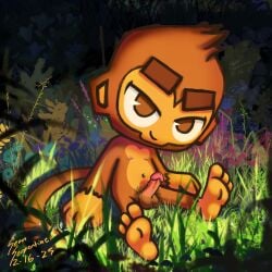 3_toes absurd_res anthro balls bedroom_eyes belly bloons_tower_defense dart_monkey_(bloons) feet genitals grass haplorhine hi_res light male mammal monkey narrowed_eyes ninja_kiwi nude outside penis plant primate pubes sean_serpentine seductive solo sunlight toes