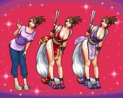 blue_pants breasts brown_hair capcom cleavage collarbone cosplay crossover crossover_cosplay female full_body hand_fan high_ponytail holding holding_fan hope_stelar hope_stelar_(mega_man) irregularsaturn japanese_clothes kimono large_breasts mai_shiranui mai_shiranui_(cosplay) mega_man_(series) mega_man_star_force_(series) milf no_bra no_panties no_underwear not_porn one_eye_closed pants pink_background pixel_art purple_background purple_kimono purple_shirt red_background red_kimono sfw shiranui_mai shiranui_mai_(cosplay) shirt snk solo the_king_of_fighters