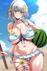 1girls beach bikini bitch hololive hololive_fantasy hololive_japan huge_breasts inokeiwd large_breasts shirogane_noel slutty_female swimsuit thick_thighs watermelon