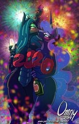 2020 alcohol anthro anthrofied areola arthropod beverage blue_eyes blue_eyeshadow blue_hair blush bodypaint breast_squish breasts champagne champagne_bottle champagne_glass changeling confetti cosmic_hair duo equid ethereal_hair eyeshadow female female/female fireworks friendship_is_magic green_eyes green_eyeshadow green_hair hair half-closed_eyes hi_res holding_object hole_(anatomy) horn kissing makeup mammal my_little_pony narrowed_eyes nipples nude omny87 princess_luna_(mlp) pseudo_hair queen_chrysalis_(mlp) slit_pupils sparkles squish text unicorn url yuri