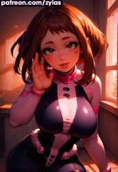 ai_generated big_ass big_breasts blush bodysuit boku_no_hero_academia exposed_breasts hero_outfit_(mha) huge_breasts my_hero_academia naked_female ochako_uraraka pink_nipples pose ryuuziken01 short_hair uraraka_ochako