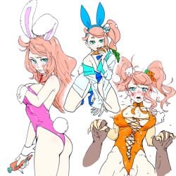 1girls blue_eyes blush breasts bunny_ears bunny_tail carrot fake_animal_ears food high_heels holding_hands looking_at_viewer mochimaru_(2mcmr) multiple_views nail_polish orange_hair playboy_bunny pokemon pokemon_ss ponytail rabbit_ears rabbit_tail side_ponytail sonia_(pokemon) straight wrist_cuffs