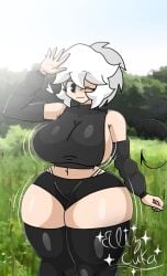 1girls big_breasts big_butt blizcuka blurry_background darkida female female_focus female_only forest_background heart heart_symbol lighting motion_lines original original_character short_pants shorts sideboob solo solo_female solo_focus tagme thick_thighs thigh_highs thighs watermark white_hair wink winking_at_viewer