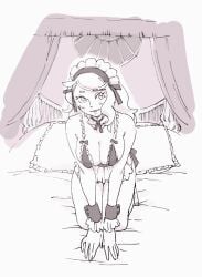 1girls bed breasts greyscale looking_at_viewer maid maid_headdress mochimaru_(2mcmr) monochrome nintendo pillow pokemon pokemon_ss seiza solo sonia_(pokemon) wrist_cuffs