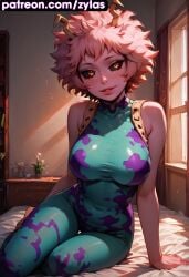 ai_generated big_breasts blush boku_no_hero_academia cleavage hero_outfit_(mha) looking_at_viewer mina_ashido my_hero_academia portrait ryuuziken01 schoolgirl smile