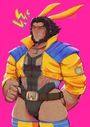 abs adapted_costume baimonbluewhale black_hair blush clothing_cutout cropped_jacket dog_tags hairy_chest jacket james_howlett leg_hair leotard logan_(x-men) male male_focus male_only marvel marvel_rivals medium_hair muscular_male pectorals rabbit_ears solo sweatdrop thick_thighs thighs two-tone_jacket two_tone_clothing wolverine_(marvel_rivals) wolverine_(x-men) x-men