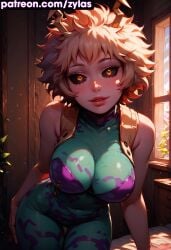 ai_generated big_breasts blush boku_no_hero_academia cleavage hero_outfit_(mha) looking_at_viewer mina_ashido my_hero_academia portrait ryuuziken01 schoolgirl smile