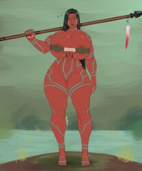 1girls 2d barefoot black_hair color dark-skinned_female female_only franktonius holding_weapon huge_breasts looking_at_viewer muscular_female no_panties original_character tall_female thick_thighs tribal_markings venus_body very_long_hair voluptuous