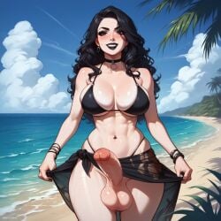 ai_generated athletic beach big_breasts big_penis bikini black_lipstick blush choker futa_only futanari goth_futa goth_girl hourglass_figure looking_at_viewer outdoors seductive_look seductive_smile solo wavy_hair