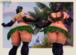 2girls 3d areola_slip areolae areolae_slip ass ass_focus ass_up big_ass big_breasts breasts breasts_out coconut coconut_bra crypti1d dancing female female_only fempyro grass_skirt hi_res highres hula hula_dancer looking_at_viewer looking_down midriff nipples nude nude_female puffy_pussy pussy standing stomach tf2 thick_thighs thigh_highs thighhighs thighs uncensored