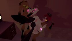 3d alastor_(hazbin_hotel) angel_dust_(hazbin_hotel) apotheosisnsfw black_hair cock deer deer_antlers dick fur gay hazbin_hotel heart_pasties horse_penis horsecock laying_down laying_on_back male male/male male/male/male multicolored_hair outside pasties penis pov pov_crotch pov_crotch_closeup radio_demon red_hair smile threesome vrchat vrchat_avatar vrchat_media vrchat_model