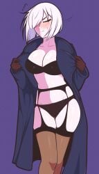 1girls artist_request big_breasts black_bra black_panties blush bra breasts bursting_breasts busty cleavage closed_eyes clothes_pull coat embarrassed female female_only fiona_frost garter_straps gloves grey_hair hair_over_one_eye highres large_breasts legs navel open_clothes open_coat opened_by_self panties presenting pulling_own_clothes sensual short_hair solo spy_x_family strapless strapless_bra sweatdrop thighs underwear voluptuous