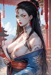 ai_generated android asian_female civitai cybernetics cyborg doll geisha glowing_eyes green_eyes kimono unholyreaper