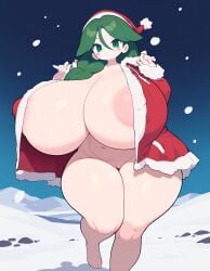 ai_generated areola_slip blush_stickers cheryl_(pokemon) christmas christmas_outfit curvy dot_mouth gigantic_breasts hands_up jacket naked_jacket navel nipple_bulge one_leg_up open_jacket pokemon pokemon_dppt pussy seductive snow stable_diffusion thick_thighs voluptuous wide_hips