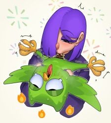 1boy 1girls bar_censor beak beastiality bird blowjob censor_bar censored censored_penis duo_(duolingo) duolingo eyebrows_visible_through_hair fellatio female hair_over_one_eye lily_(duolingo) open_mouth owl purple_eyelids purple_fingernails purple_hair purple_hair_female purple_nails simple_background takyzen tongue tongue_out wings woman