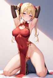 2024 ai_generated blonde_hair breasts carnivalecloudmuncher cheongsam chinese_clothes chinese_dress female innie_pussy kneeling mostly_clothed navel nipple_outline pussy seductive self_upload skimpy solo tagme twintails