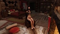 1girls 3d black_bra black_hair black_panties bondage bound_arms bra gag gagged highleg_panties mod n00nex panties serana skyrim the_elder_scrolls