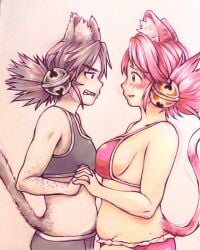 2d 2girls angry angry_face anthro armpit_hair bell belly big_breasts bikini blush blushing boobs breast_press cat_ears cat_tail catgirl deltarune deltarune_chapter_5 female female_only grey_fur grey_hair grey_topwear happy holding holding_hands irritable_ghost_(deltarune) lesbian looking_at_another looking_at_partner mad_mew_mew pink_(deltarune) pink_bikini pink_eyes pink_fur pink_hair pink_panties selfcest shy simple_background size_comparison size_difference sports_bra sportswear touching_breast touching_breasts undertale_(series) white_background yuri