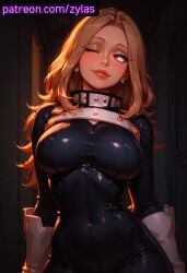 ai_generated big_breasts blonde_female blonde_hair blush bodysuit boku_no_hero_academia camie_utsushimi exposed_breasts hero_outfit_(mha) my_hero_academia naked_female pink_nipples pose ryuuziken01 short_hair utsushimi_camie wink