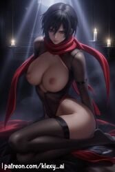 ai_generated alternate_version arms_behind_back attack_on_titan big_ass big_breasts black_hair blue_eyes breasts clothed clothed_female clothing exposed_breasts female female_only klexyai looking_at_viewer mikasa_ackerman mostly_clothed mostly_clothed_female no_panties on_knees partially_clothed partially_clothed_female patreon patreon_username pillow scarf shingeki_no_kyojin shiny shiny_clothes shiny_skin short_hair sitting sitting_on_pillow skimpy skimpy_clothes solo solo_female thigh_highs thighhighs