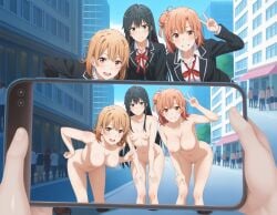 3girls ai_generated blonde_hair blue_eyes isshiki_iroha my_teen_romantic_comedy_snafu nude_filter nudity orange_hair smartphone yellow_eyes yuigahama_yui yukinoshita_yukino