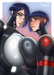 android android_girl big_breasts big_breasts big_breasts blue_eyes blue_hair blush blush breasts breasts breasts giant_breasts krasmazoff robot robot_girl signalis squish squished_breasts star_(signalis) storch_(signalis) taller_female taller_girl yuri