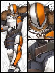 1boy armor armored_boots armored_gloves body_pillow broken_horn bungie dakimakura destiny_(game) faceless_male guardian_(destiny) helmet horns laying_down laying_on_back laying_on_bed lord_shaxx lying lying_on_back lying_on_bed male male_only titan_(destiny)