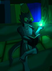 absurd_res anthro armor atlyss book clothing darker_environment footwear fyreblazes genitals gloves handwear hi_res kobold kubold library magic magic_user male penis reading scalemail scalie solo tail