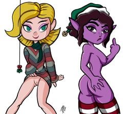 2girls :( :) areolae ass blonde_hair bottomless breasts candy_smalls christmas christmas_hat christmas_headwear crossover elf elf:_buddy's_musical_christmas elf_(film) elf_ears elf_female elf_girl eyeshadow facing_away facing_viewer flashing flashing_pussy flipping_off frown green_eyes human human_female jovie lifting light-skinned_female light_skin looking_at_viewer middle_finger mistletoe nipples partially_clothed perky_breasts petite pointy_ears presenting presenting_pussy purple_body purple_eyes purple_hair purple_skin purple_skinned_female pussy santa_inc. scarf short_hair sideboob simple_background smile striped_legwear sweater sweater_lift thick_thighs thighhighs verbasan watermark white_background