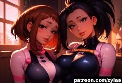 ai_generated big_ass big_breasts blush bodysuit boku_no_hero_academia cleavage exposed_breasts hero_outfit_(mha) huge_breasts momo_yaoyorozu my_hero_academia naked_female ochako_uraraka pink_nipples pose ryuuziken01 short_hair uraraka_ochako yaoyorozu_momo