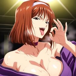 1girls big_breasts breasts brown_eyes brown_hair busty cleavage come_hither fellatio_gesture female female_only female_pervert hairband hi_res horny horny_female invitation inviting japanese_clothes kanzaki_sumire large_breasts looking_at_viewer naughty_face open_mouth oral oral_gesture oral_invitation oral_suggestive sakura_wars sega short_hair smile solo sweat tongue tongue_out voluptuous