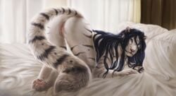 anthro ass ass_up bed black_hair blue_eyes fangs felid female fluffy fluffy_tail fur furniture hair hindpaw long_hair looking_at_viewer mammal nude on_bed pantherine pawpads paws pink_nose pink_pawpads presenting presenting_hindquarters pussy sabertooth_(anatomy) safiru solo striped_body striped_fur stripes tiger whiskers white_body white_fur yenene