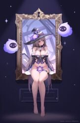 1girls bare_legs bare_shoulders barefoot big_breasts bottomless face_covered female flower grey_hair herta_(honkai:_star_rail) honkai:_star_rail keyhole lilpalette picture_frame purple_eyes tagme the_herta_(honkai:_star_rail) thighs witch_hat