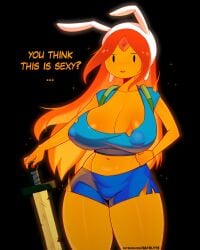 1girls adventure_time areola_slip areolae big_breasts blue_shirt blush cartoon_network clothing color confused dialogue erect_nipples female_focus female_only fionna_the_human_girl_(cosplay) fire flame_princess gemstone hand_on_hip huge_breasts long_hair massive_breasts orange_hair rabbit_ears rabbit_hair_ornament satelyte short_shorts simple_background sword undersized_clothes wardrobe_malfunction warner_bros warner_brothers