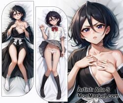 ai_generated black_hair bleach dakimakura kuchiki_rukia lifting_skirt looking_at_viewer panties purple_eyes school_uniform