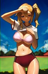 1girl ai_generated blonde_hair blue_eyes blue_hair_tie blush bra breasts buruma chromatic_aberration cleavage clothes_lift cloud cowboy_shot elfgens expressionless floodlights flying_sweatdrops grass gym_shirt gym_uniform hair_between_eyes hair_tie hayasaka_ai kaguya-sama_wa_kokurasetai_~tensai-tachi_no_renai_zunousen~ large_breasts looking_down medium_hair navel outdoors pink_bra pink_ribbon red_buruma red_trim ribbon self_upload shirt shirt_lift side_ponytail skindentation sky solo sweat sweaty_clothes thigh_gap track_and_field tree underboob underwear very_sweaty white_shirt wiping_forehead wiping_sweat