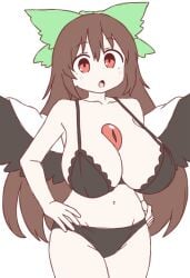 1girls belly belly_button big_breasts black_wings bra breasts brown_hair cape color colored crow_girl crow_wings female female_only hands_on_hips large_breasts light-skinned_female light_skin long_hair no_background onkn_sxkn panties partially_clothed red_eyes ribbon ribbon_in_hair solo solo_female third_eye touhou utsuho_reiuji wings yokai youkai