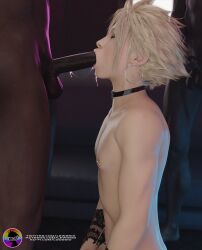 3boys 3d blonde_hair blowjob choker cloud_strife dark-skinned_male earrings eyes_closed fellatio femboy final_fantasy final_fantasy_vii gay_sex hoop_earrings interracial kneeling lewdsio light-skinned_male male male/male male_focus male_only nipple_piercing saliva_string tagme uncensored waiting_for_turn yaoi